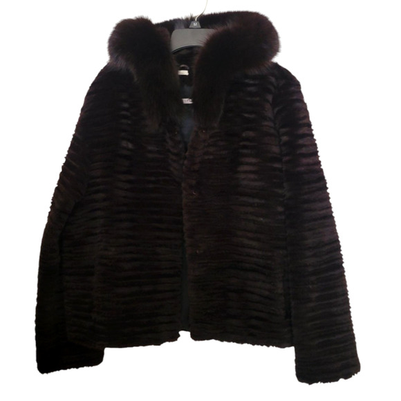 Trilogy Genuine Diet Brown Sheared Rex Rabbit & Fox Hooded Women Jacket Size L - Picture 1 of 8